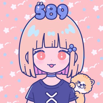 A pink-themed cartoon avatar (PFP) of a girl with blue '389' text on her head, holding a small stuffed animal, likely a crypto/Discord profile picture.