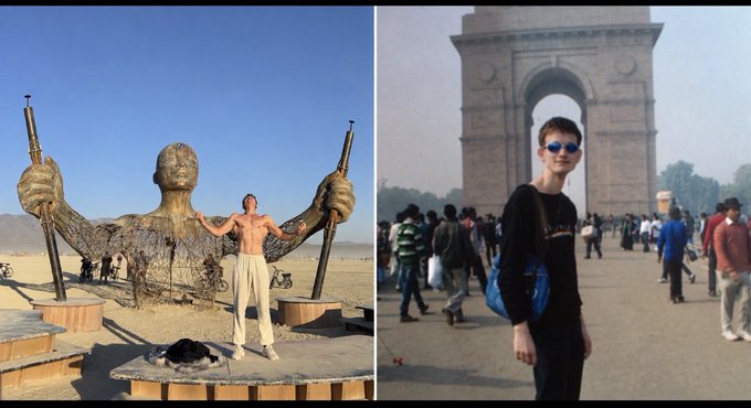 Two photos are placed side-by-side: on the left, a shirtless man poses in front of a large metallic sculpture in a desert; on the right, a young man in sunglasses poses in front of the India Gate.