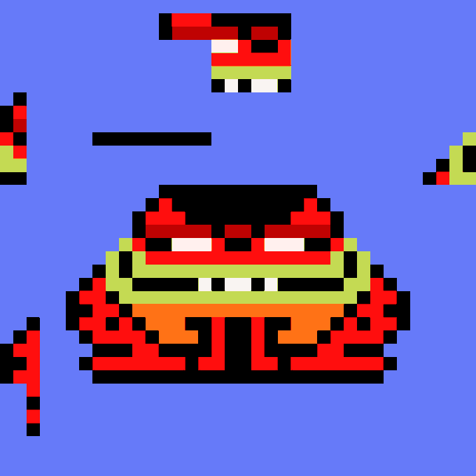Pixel art image of a red and yellow robotic character with a separate floating piece on a purple background.