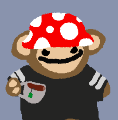 A cartoon illustration of a monkey character wearing a red mushroom cap with white spots and a black shirt, holding a mug of green tea against a purple background.