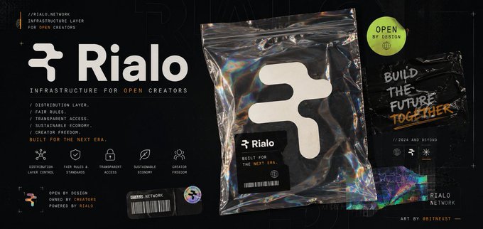 Rialo Network promotional graphic with the tagline 'Infrastructure for Open Creators' and 'Build the Future Together' displayed across a plastic bag mockup.