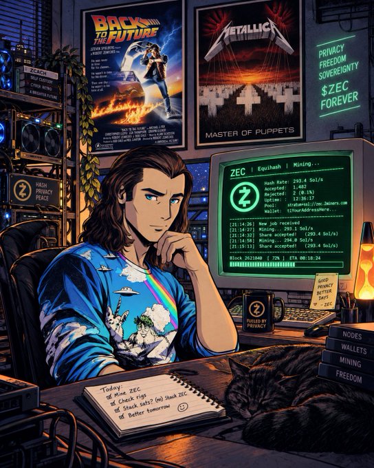 A stylized digital illustration of a man sitting at a desk with a computer displaying 'ZEC | Equihash | Mining' stats, surrounded by posters for 'Back to the Future' and Metallica's 'Master of Puppets', with neon signs reading 'PRIVACY FREEDOM SOVEREIGNTY $ZEC FOREVER' and a cat sleeping nearby.