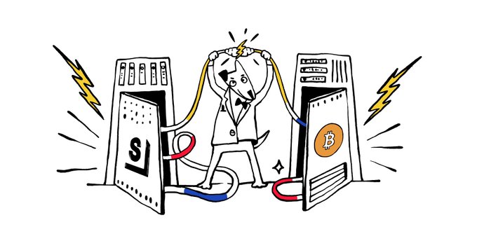 The image features an illustration of a man holding two computer servers, one with a Bitcoin logo and the other with a "Second's Ark" logo. The man appears to be in the process of connecting these servers together using a cordless connection. The text in the image reads "#BTC #ARK Finally launched on the mainnet These past few days, I've been 
addicted to hiking, so I didn't update right away. I've always been looking forward to Second's Ark implementation because they stick to a very pure BTC payment route."