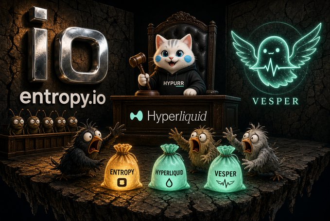 An illustrated scene featuring logos for entropy.io, Hyperliquid, and Vesper, with cartoon characters including a judge cat in a HYPURR hoodie and bags labeled with the project names.