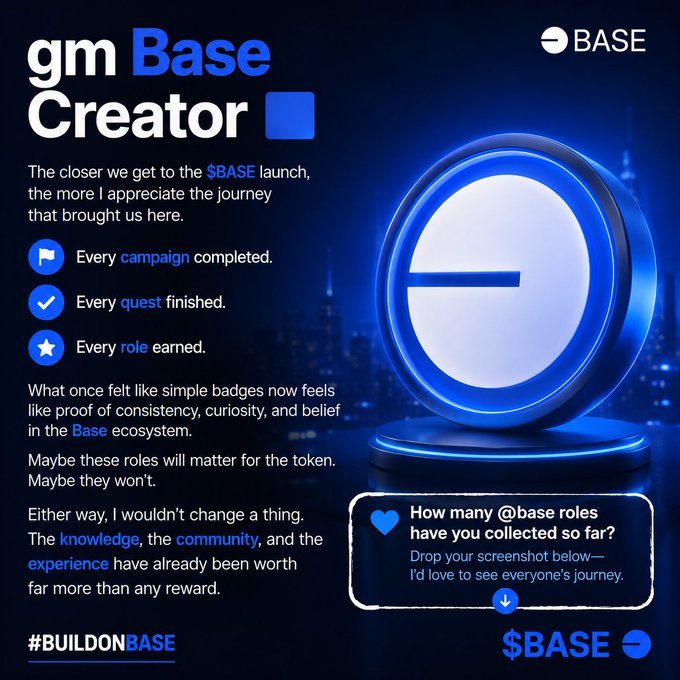 A promotional graphic featuring the text "gm Base Creator" and "$BASE" branding, with a glowing blue Base logo against a dark cityscape background. The post text "Base Creator" appears alongside a message reflecting on the journey toward the $BASE launch, with bullet points highlighting completed campaigns, finished quests, and earned roles—visually represented by blue icons of a flag, checkmark, and star, reinforcing the post's theme of accumulated accomplishments and community involvement.