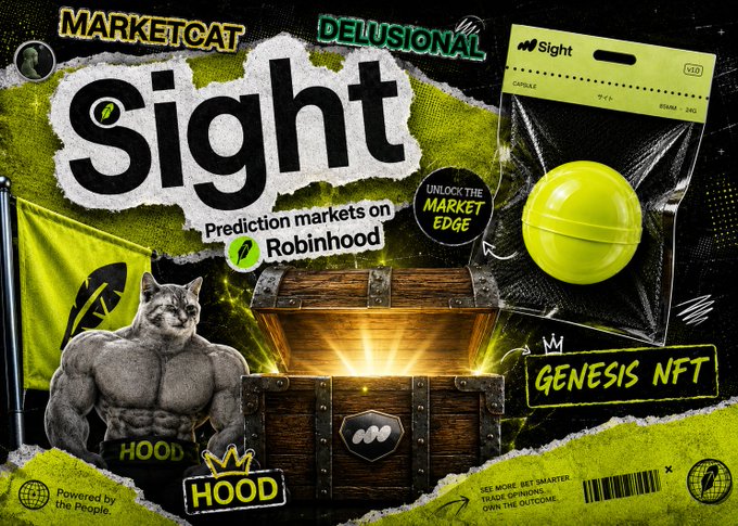 A promotional graphic for 'Sight' prediction markets on Robinhood labeled 'MARKETCAT DELUSIONAL' and 'GENESIS NFT', featuring a muscular cat, an open treasure chest, and a neon yellow capsule.