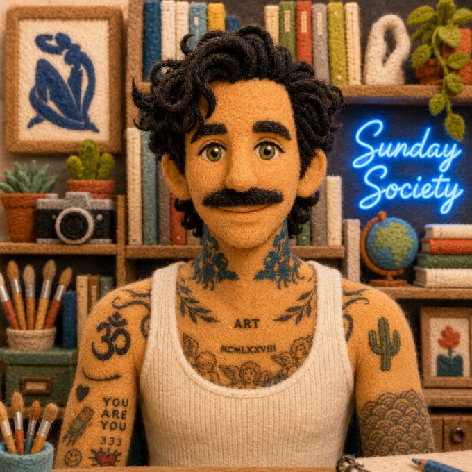 A 3D clay-style animated character with curly dark hair, mustache, and various tattoos wearing a white tank top, set against a backdrop of bookshelves with a neon 'Sunday Society' sign.