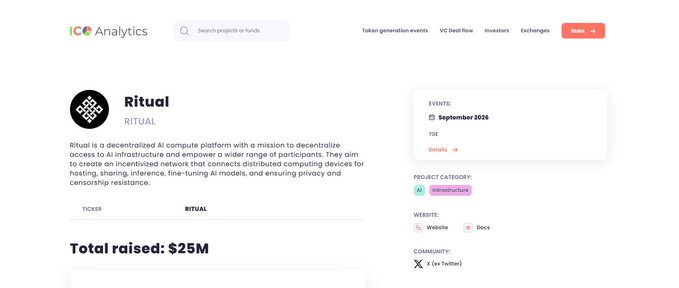 Screenshot of ICO Analytics website showing a profile for 'Ritual' (ticker: RITUAL), a decentralized AI compute platform, noting 'Total raised: $25M' and an upcoming TGE event in September 2026.