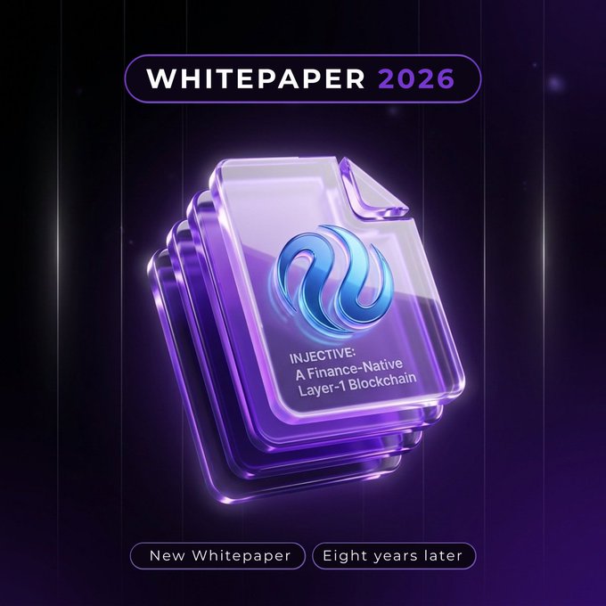 A promotional graphic reads 'WHITEPAPER 2026' with an Injective logo on stacked glass panels, labeled 'INJECTIVE: A Finance-Native Layer-1 Blockchain' and 'New Whitepaper Eight years later'.