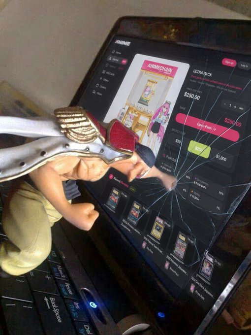 A small winged figurine rests on a cracked iPad screen displaying the ANIME chain marketplace, showing an "ULTRA PACK" listed for $250.00 with various collectible packs visible below. The figurine's defeated posture against the broken screen humorously illustrates the disappointment of not pulling the desired collectible from the digital pack.