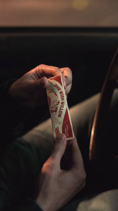 Person opening a fortune cookie in a dimly lit car, revealing the message 'ONE WISH WILL OW.'
