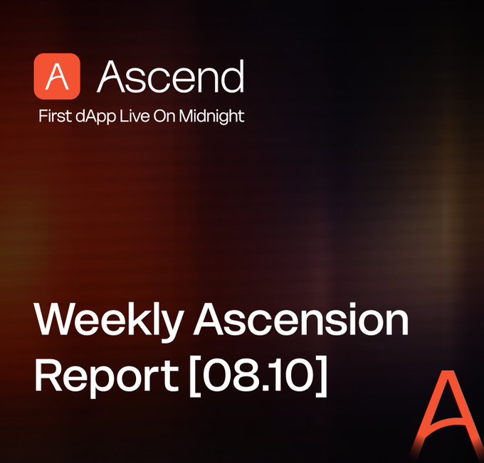 The image is a promotional graphic for "Ascend," featuring the tagline "First dApp Live On Midnight," and headlines the "Weekly Ascension Report [08.10]" against a dark, gradient background with orange accents. The accompanying post conveys a determined, hustle-driven mindset, aligning with the bold, competitive spirit suggested by Ascend's branding as a rising decentralized app on the Midnight network.