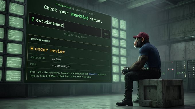 A person sits on a crate looking at a large screen titled 'Check your snarklist status' querying '@estudioamasp.' which shows 'under review' status with application on file and pass not yet assigned.