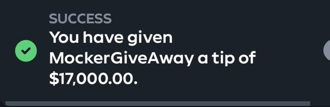 A $17,000 tip confirmation to "MockerGiveAway" on a streaming platform, supporting the post where the user explains they added bonus features like advance rakeback and deposit bonuses on top of their original $5,000 promise for a Gamdom employee watching TheGoobr's stream.