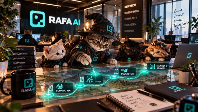 A whimsical office scene branded “RAFA AI” shows kittens working around a glowing roadmap labeled “FOUNDATION,” “TESTNET,” “ECOSYSTEM,” and “MARKET & GROWTH,” with wall words including “RESEARCH,” “DEVELOPMENT,” “COMMUNITY,” “ECOSYSTEM,” and “GROWTH.”