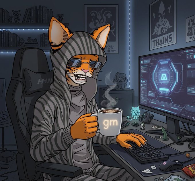 An anthropomorphic tiger in a striped hoodie and sunglasses sits at a gaming setup, grinning while sipping from a mug labeled "gm"—visually embodying the "GM Homies Blessedly Sunday" post as a playful weekend morning ritual.

Visible text includes "gm" on the mug, "THANS" on a wall poster, and a stylized "M" logo glowing on the monitor.