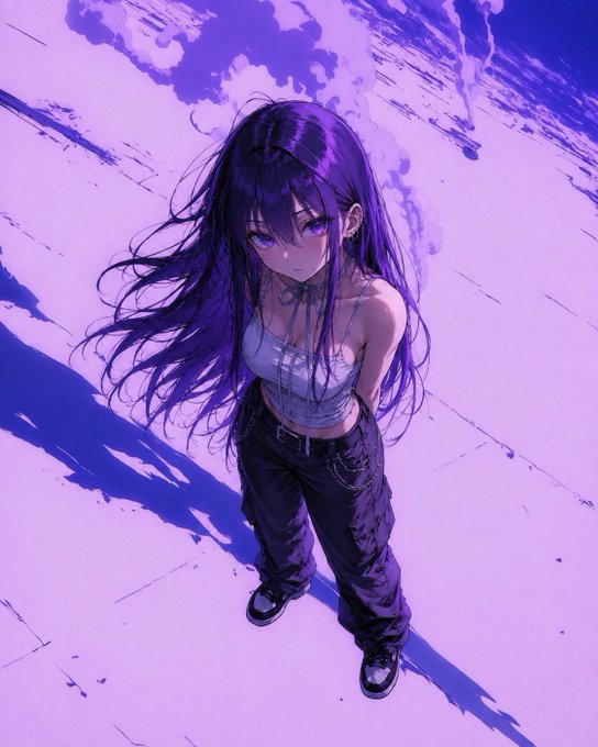 An anime-style digital illustration of a girl with long flowing purple hair, wearing a white crop top and dark cargo pants, standing against a purple-tinted sky background.