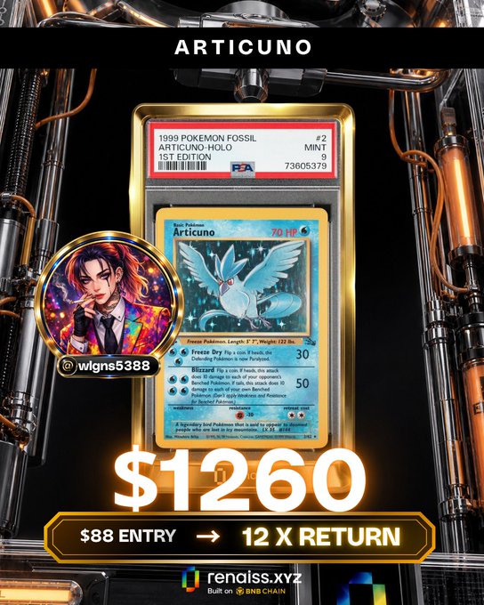 The image shows a graded 1999 Pokémon Fossil 1st Edition Articuno Holo PSA 9 card in a protective case, displayed against an industrial-style background with the username @wlgns5388, highlighting a $1260 win from an $88 entry on rendiss.xyz for a 12X return.