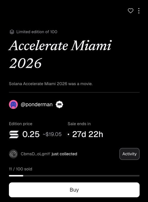 The image features a cellphone screen with a black background that displays an electronic form for purchasing a piece of artwork from the Accelerate Miami event. The viewer can see that the artwork has been sold to them, and their payment method is via a cryptocurrency exchange called GM. They are also offered options to purchase a limited edition digital album for $0.25 if they wish. A note on the screen suggests buying the album would be a good idea based on its uniqueness. The image does not contain any text or additional elements that would provide more information about the Accelerate Miami event.