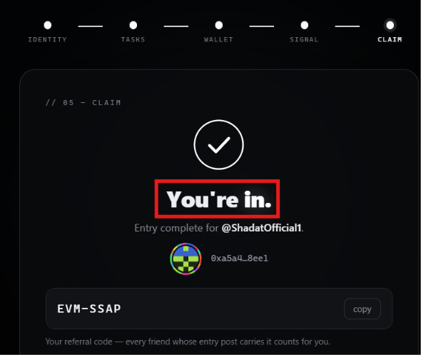 The image shows a confirmation screen from EVM Chat's early registration, displaying "You're in." with a checkmark and the wallet address 0xa5a4...Bee1 as an entry for @ShadatOfficial1, using invite code EVM-SSAP. This corresponds to the final step of the registration process outlined in the accompanying post.