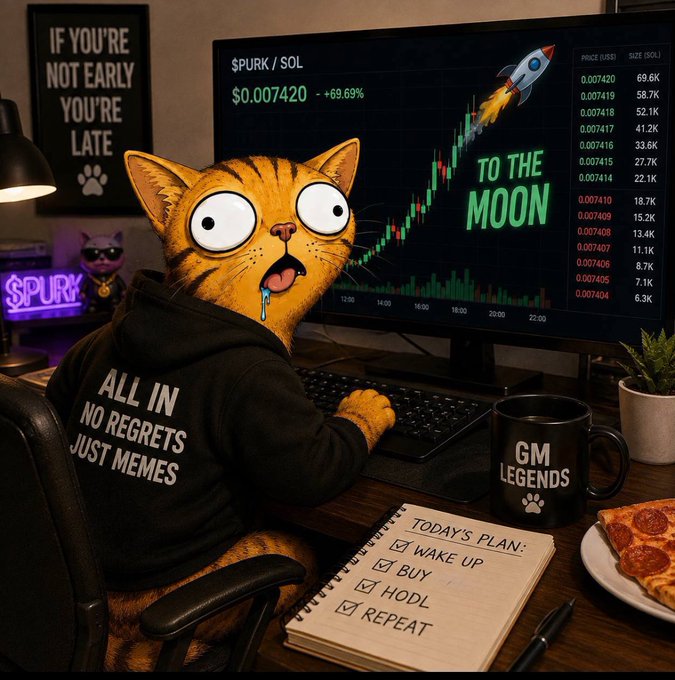 The image depicts a wide-eyed cartoon cat in an "ALL IN NO REGRETS JUST MEMES" hoodie drooling over a trading screen showing $PURK/SOL at $0.007420 (+69.69%) with a "TO THE MOON" rocket, alongside "GM LEGENDS" mug, a "TODAY'S PLAN: WAKE UP, BUY, HODL, REPEAT" checklist, and an "IF YOU'RE NOT EARLY YOU'RE LATE" poster—capturing the exact "ape in early" memecoin energy the post promotes for $CAITE.