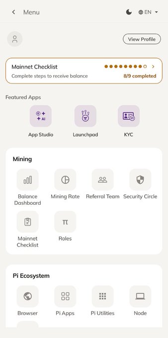 A screenshot of the Pi Network app interface displaying a "Mainnet Checklist" (8/9 completed), with menu options including Featured Apps (App Studio, Launchpad, KYC), Mining tools (Balance Dashboard, Mining Rate, Referral Team, Security Circle), and the Pi Ecosystem (Browser, Pi Apps, Pi Utilities, Node). The image illustrates the upgraded and redesigned app that the post references as driving renewed interest and a ~10% surge in $PI.