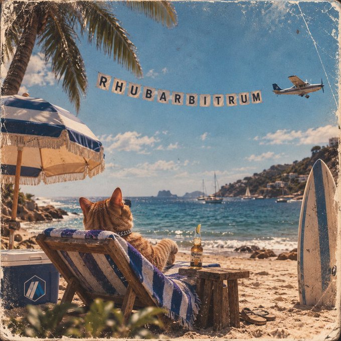 A vintage-style illustration of an orange cat lounging on a beach chair labeled 'RHUBARBITRUM', with a surfboard, umbrella, and a small airplane flying overhead.