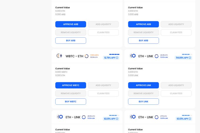DeFi liquidity pool interface showing various trading pairs including WBTC-ETH (12.76% APY) and ETH-LINK with options to approve tokens, add/remove liquidity, and claim fees.