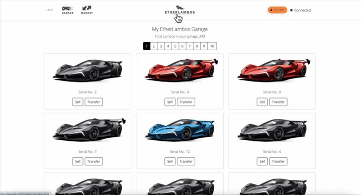 The image shows a website displaying a collection of different colored sports cars, including black, red, blue, silver, and green. The website has a "my Lamborghini Garage" section where users can browse and purchase collectible sports cars. The post mentions that the first ever upgradeable collectibles were made by EtherLambos in early 2018, which is related to the image as it showcases various sports car models available for sale on the website.