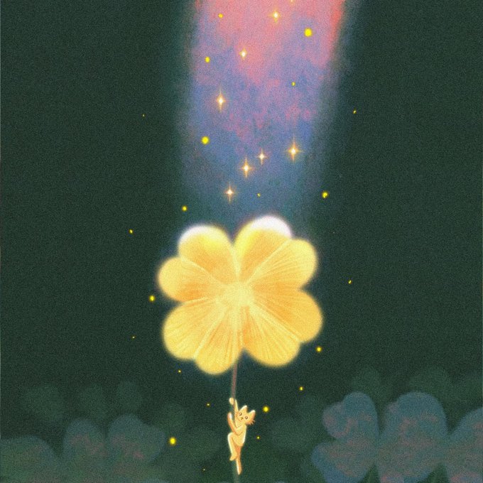A digital illustration features a small cat-like figure descending from a dark sky, suspended by a glowing yellow flower-shaped parachute surrounded by sparkles and a pink cloud trail.