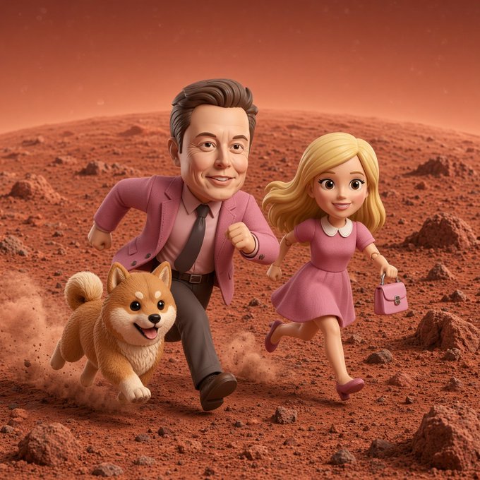 A stylized 3D illustration shows a man in a pink blazer holding hands with a Barbie-like blonde woman in a pink dress, running alongside a Shiba Inu dog across a dusty, red Martian landscape. The image visually represents the playful "$BDEM" meme post, blending Elon, Barbie, and Doge themes into a chaotic Mars scene tied to the crypto community's joke about "Elon rockets" and "Doge vibes."