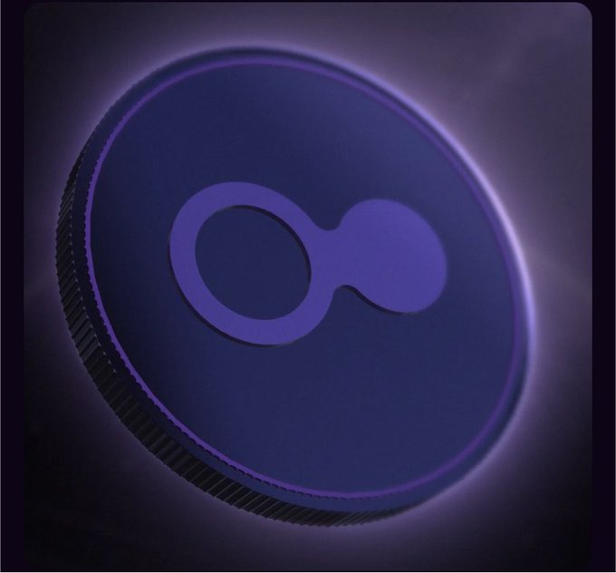 A glowing purple circular emblem featuring an abstract interconnected logo design on a dark background.