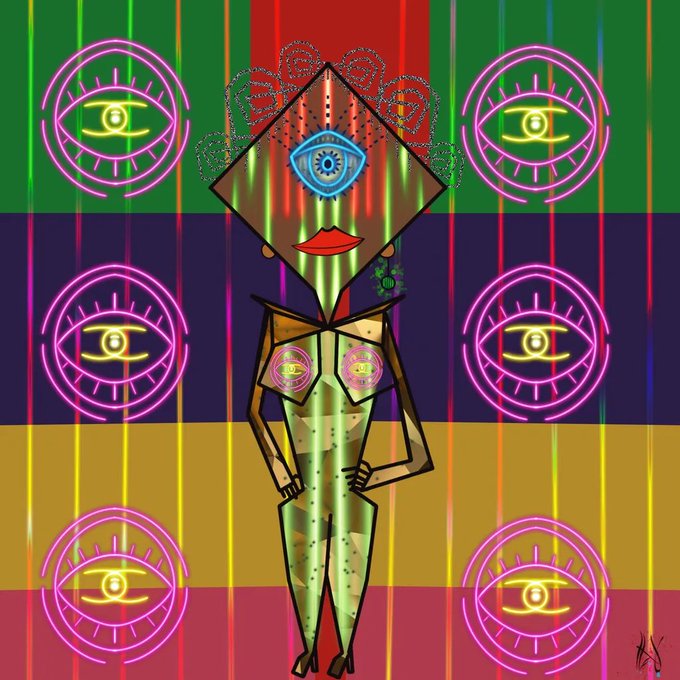 A colorful, surreal digital artwork depicts a faceless woman with red lips and a diamond-shaped head featuring an eye, surrounded by glowing eye motifs and neon colors.