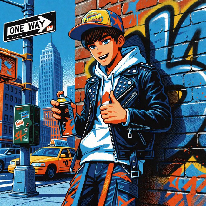 An anime/illustrated character wearing an 'idol' cap and leather jacket, holding a spray paint can with a thumbs-up, standing against a graffiti-covered brick wall on a city street with a 'ONE WAY' sign and yellow taxi visible.