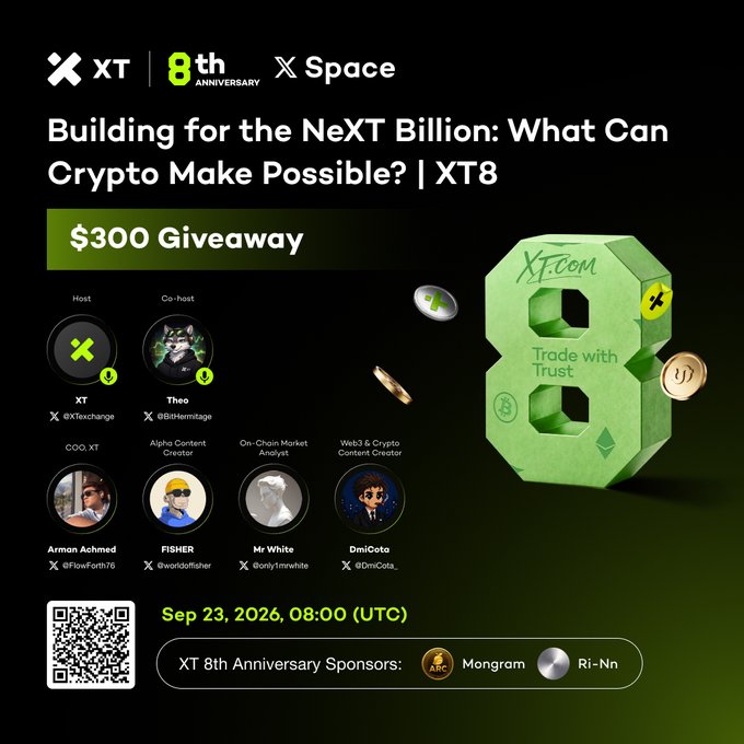 A promotional poster for an XT Exchange 8th Anniversary X Space event titled 'Building for the NeXT Billion: What Can Crypto Make Possible?' featuring a $300 giveaway, host XT and co-host Theo, and scheduled for Sep 23, 2026.