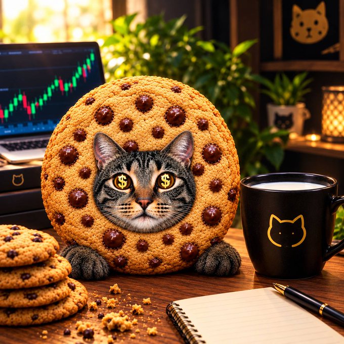 A surreal digital illustration of a cat's face emerging from a giant chocolate chip cookie with dollar signs in its eyes, surrounded by trading charts, a 'cat' mug, cookies, and a notebook.