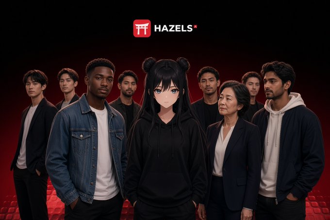 A promotional image for "HAZELS" featuring an anime-style central character surrounded by a diverse group of people against a dark red background.