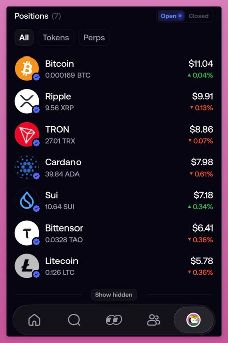 A mobile app screenshot displays a "Positions (7)" portfolio showing holdings across multiple blockchains, including Bitcoin (0.000169 BTC, $11.04), Ripple (9.56 XRP, $9.91), TRON (27.01 TRX, $8.86), Cardano (39.84 ADA, $7.98), Sui (10.64 SUI, $7.18), Bittensor (0.0328 TAO, $6.41), and Litecoin (0.126 LTC, $5.78), with most assets showing slight 24-hour declines. The image illustrates the post's point that users can now hold exposure to diverse assets like XRP, TRX, ADA, and TAO within a single Solana-based platform, demonstrating how DEXs are closing the gap with centralized exchanges by offering cross-chain asset access.