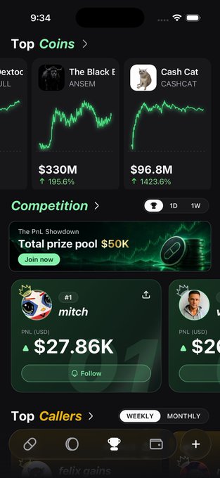 A mobile app screenshot showing the "Top Coins" section featuring "The Black E" (ANSEM) at $330M with a 195.6% gain and "Cash Cat" (CASHCAT) at $96.8M with a 1423.6% increase, alongside a "Competition" banner advertising a $50K prize pool trading contest with top callers like "mitch" showing $27.86K in PNL—directly promoting the Pumpfun mobile app's Robinhood runner trading competition.
