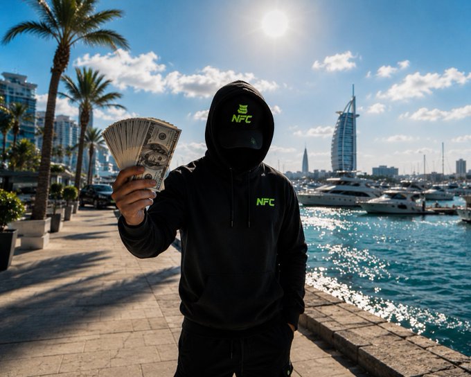 A person in a black hoodie with 'NFC' printed on it and cap holds a fan of US dollar bills in front of a marina featuring the Burj Al Arab hotel and yachts in Dubai.