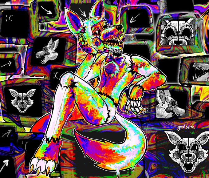 A psychedelic, rainbow-colored illustration of the demonic "Lolbit" animatronic fox from Five Nights at Freddy's, surrounded by a glitchy, distorted TV-screen background with scattered arrow icons, and the signature "go.albera" in the bottom right corner.