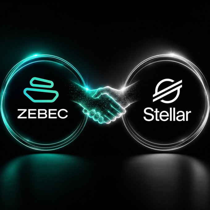 The image features two circles, one with the word "Zebec" written on it and another with the word "Stellar" written on it. The circles are connected by a handshake symbol, representing a partnership between the two companies. The caption below the image reads, "Hello Zebec and XLM community! The future of crypto is becoming brighter every day, and this is fantastic news.. global payroll."