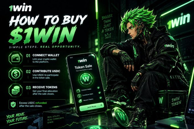 An anime-style promotional graphic titled '1win' details 'HOW TO BUY $1WIN' in three steps: 'CONNECT WALLET', 'CONTRIBUTE USDC', and 'RECEIVE TOKENS', featuring a green-haired character.