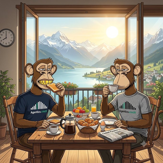 An illustrated scene showing two monkeys sitting at a table having breakfast with a mountain lake view, wearing 'Agentics.credit' shirts.