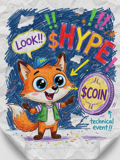 A colorful crayon-style illustration of a cartoon fox wearing a cap and vest, excitedly pointing at a glowing '$COIN' labeled as a 'technical event!!' amid bursts saying 'Look!!' and '$HYPE'.