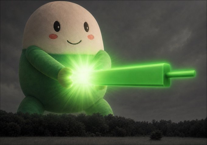 A giant plush bean-shaped figure with a smiling face wields a glowing green lightsaber, evoking a dramatic showdown reminiscent of Star Wars, fittingly paired with the cryptic "$CUPSEY" stock ticker reference.