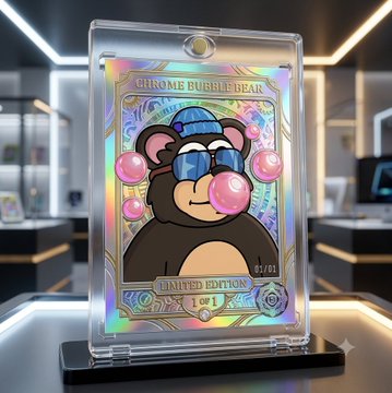 A holographic, limited edition (1 of 1) 'Gnome Bubble Bear' collectible card displayed in a clear protective case on a black stand in a gallery-like setting.