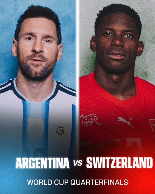 A World Cup promotional graphic for the quarterfinals featuring side-by-side portraits of Lionel Messi in Argentina's white and blue jersey and a Swiss player in a red Puma jersey, with text reading 'ARGENTINA vs SWITZERLAND WORLD CUP QUARTERFINALS'.