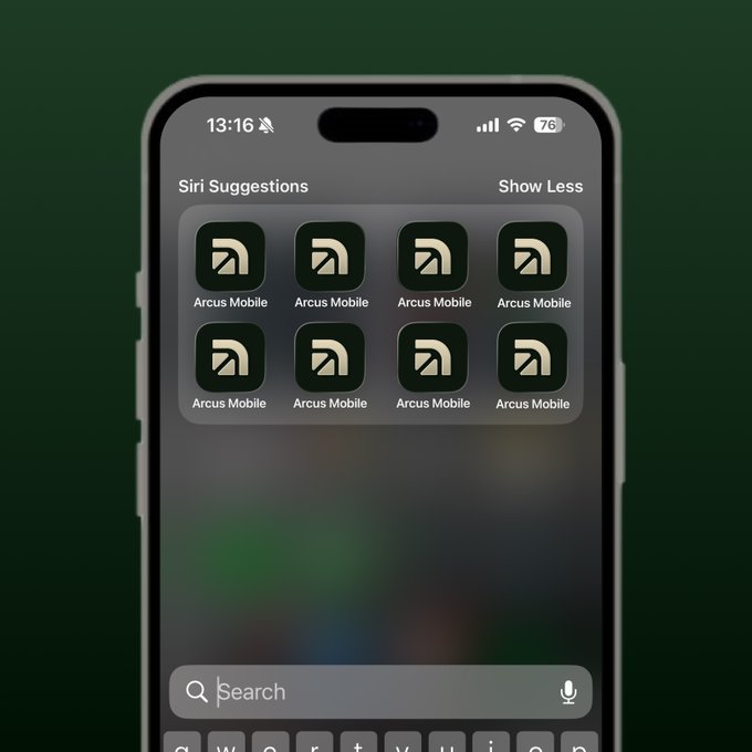 A smartphone mockup displays an iPhone home screen preview with the time 13:16, 76% battery, and 8 identical "Arcus Mobile" app icons featured prominently under the "Siri Suggestions" section, visually teasing the app's launch with the search bar visible at the bottom.