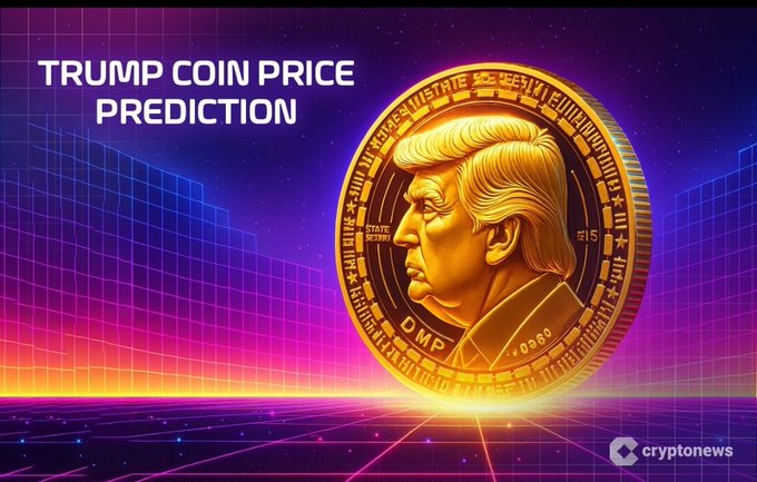 A promotional graphic titled 'TRUMP COIN PRICE PREDICTION' featuring a gold coin with Donald Trump's profile against a neon purple and blue retro grid background, branded with the Cryptonews logo.